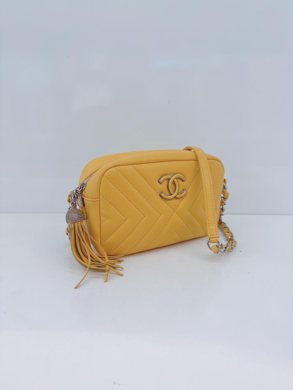 YELLOW LAMBSKIN CHEVRON LEATHER CC TASSEL CAMERA BAG