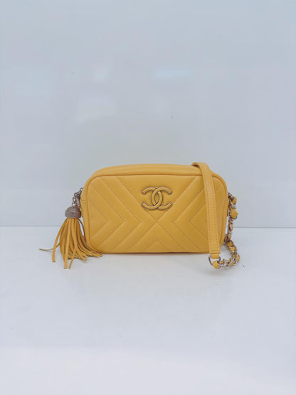 YELLOW LAMBSKIN CHEVRON LEATHER CC TASSEL CAMERA BAG