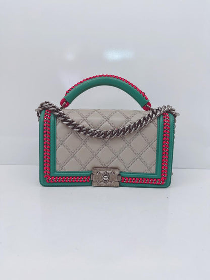 TRICOLOR LAMBSKIN LEATHER MEDIUM BOY TOP HANDLE FLAP BAG