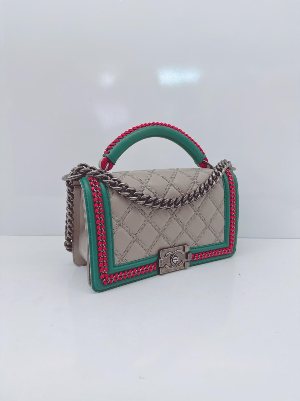 TRICOLOR LAMBSKIN LEATHER MEDIUM BOY TOP HANDLE FLAP BAG