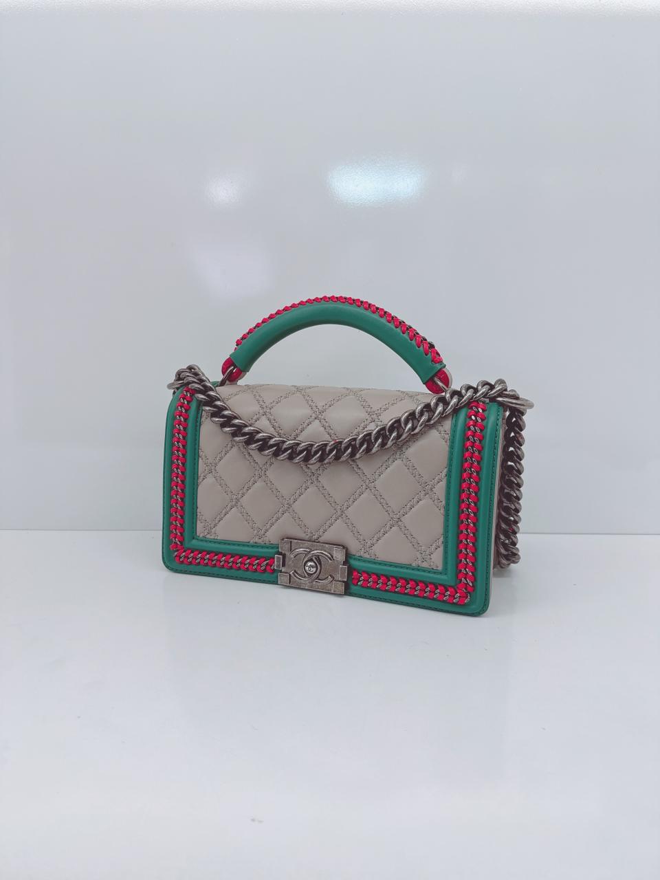 TRICOLOR LAMBSKIN LEATHER MEDIUM BOY TOP HANDLE FLAP BAG