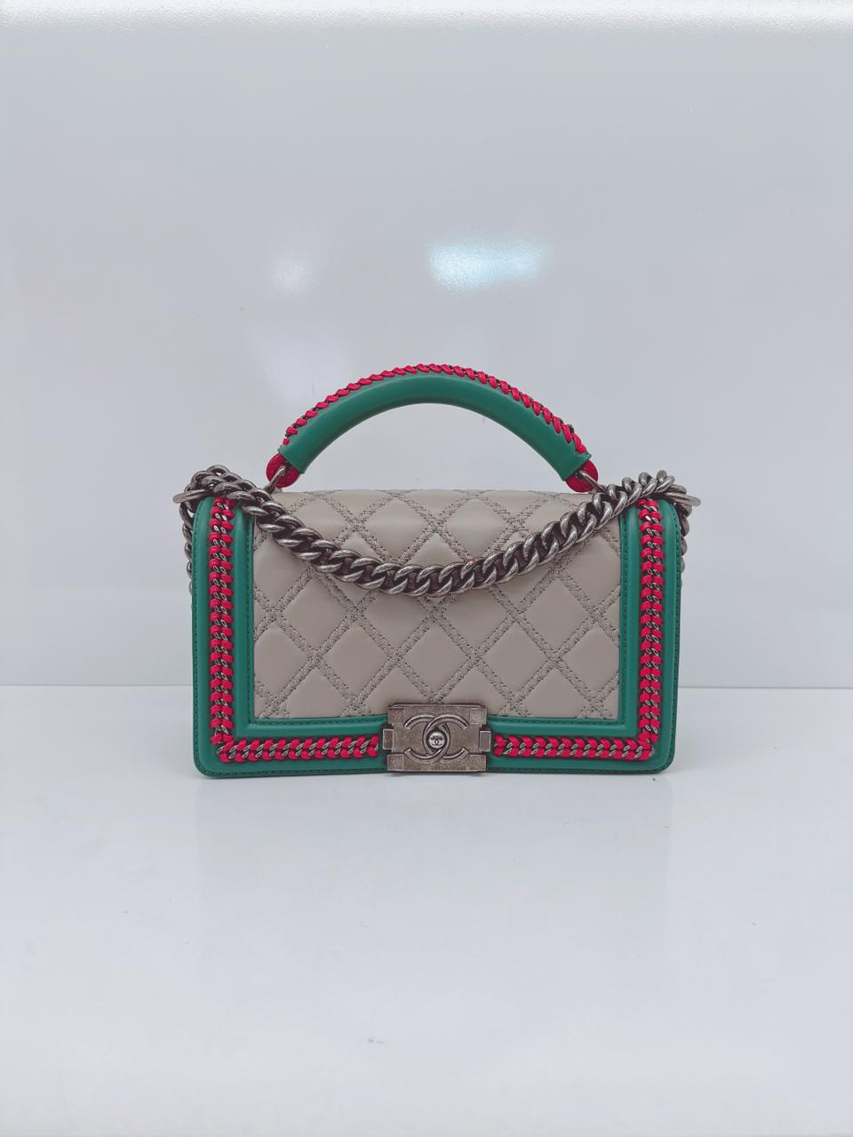 TRICOLOR LAMBSKIN LEATHER MEDIUM BOY TOP HANDLE FLAP BAG