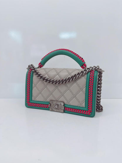 TRICOLOR LAMBSKIN LEATHER MEDIUM BOY TOP HANDLE FLAP BAG