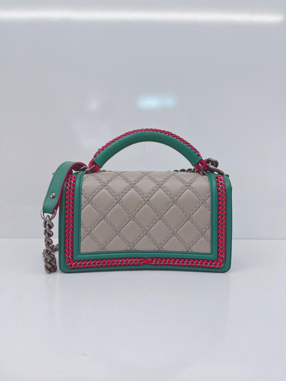 TRICOLOR LAMBSKIN LEATHER MEDIUM BOY TOP HANDLE FLAP BAG