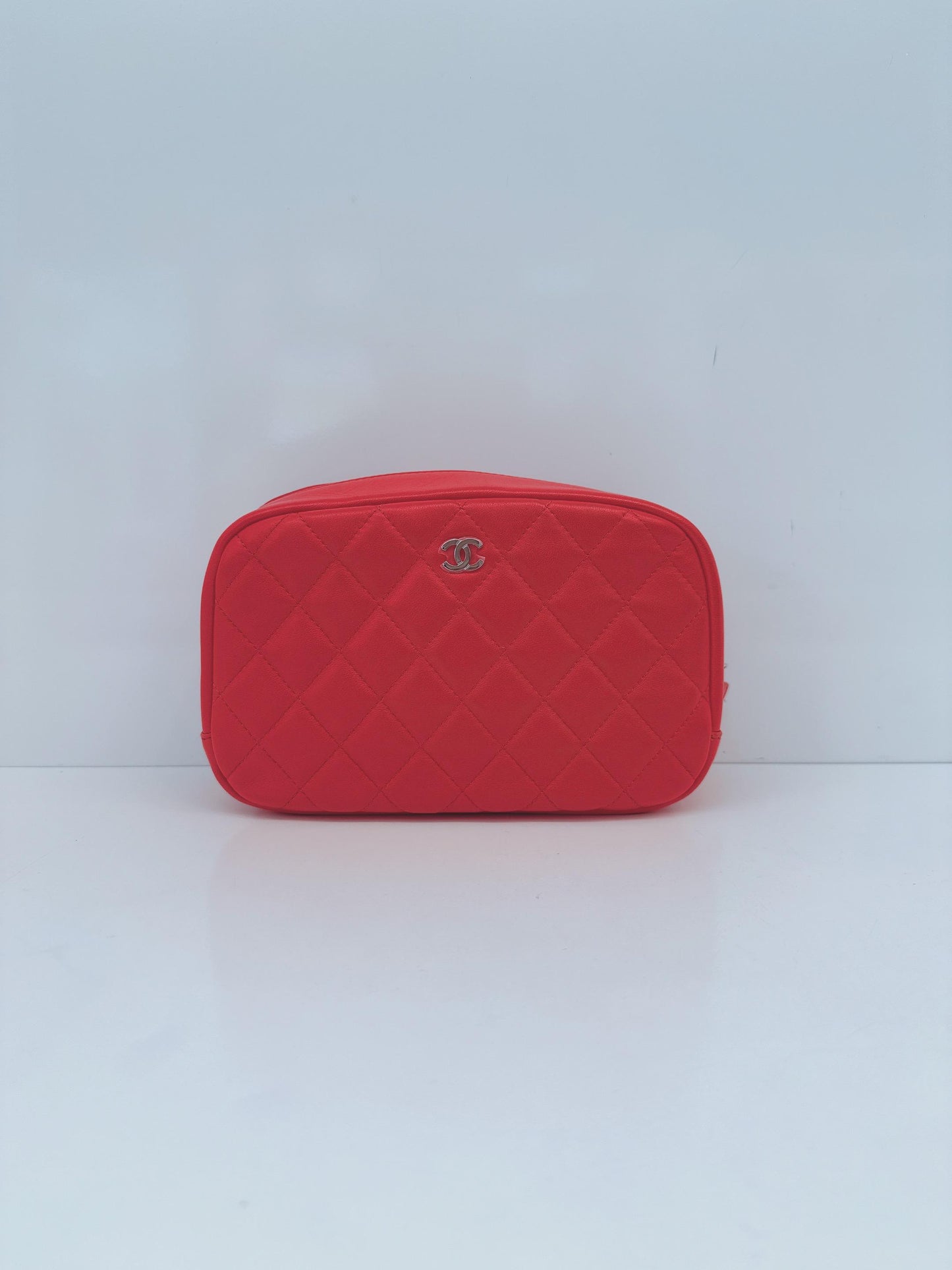 CORAL QUILTED LAMBSKIN LEATHER CURVY POUCH COSMETIC CASE