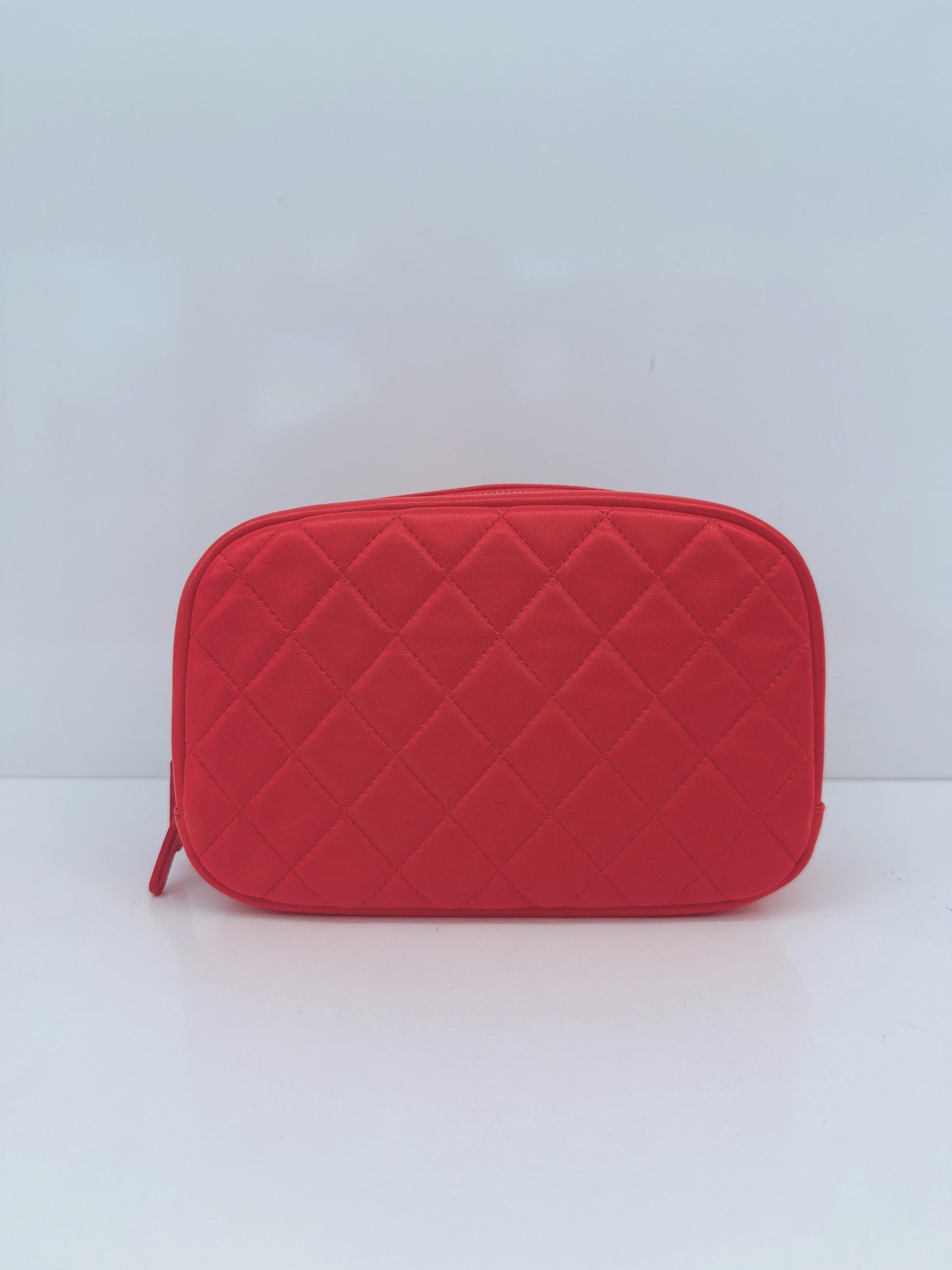 CORAL QUILTED LAMBSKIN LEATHER CURVY POUCH COSMETIC CASE