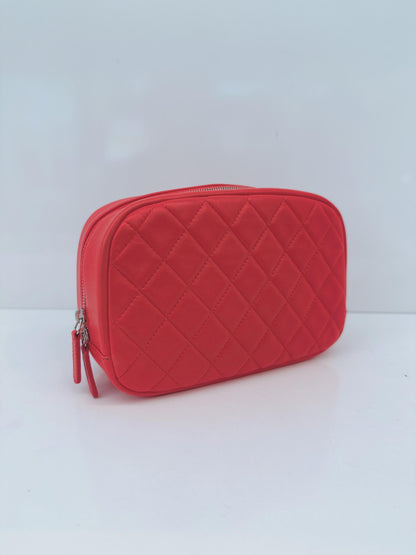CORAL QUILTED LAMBSKIN LEATHER CURVY POUCH COSMETIC CASE