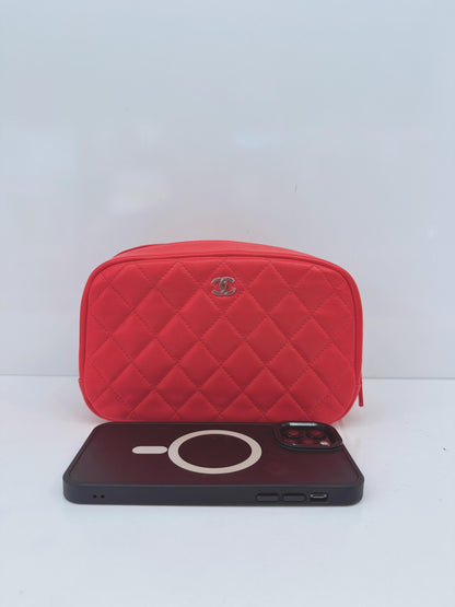 CORAL QUILTED LAMBSKIN LEATHER CURVY POUCH COSMETIC CASE
