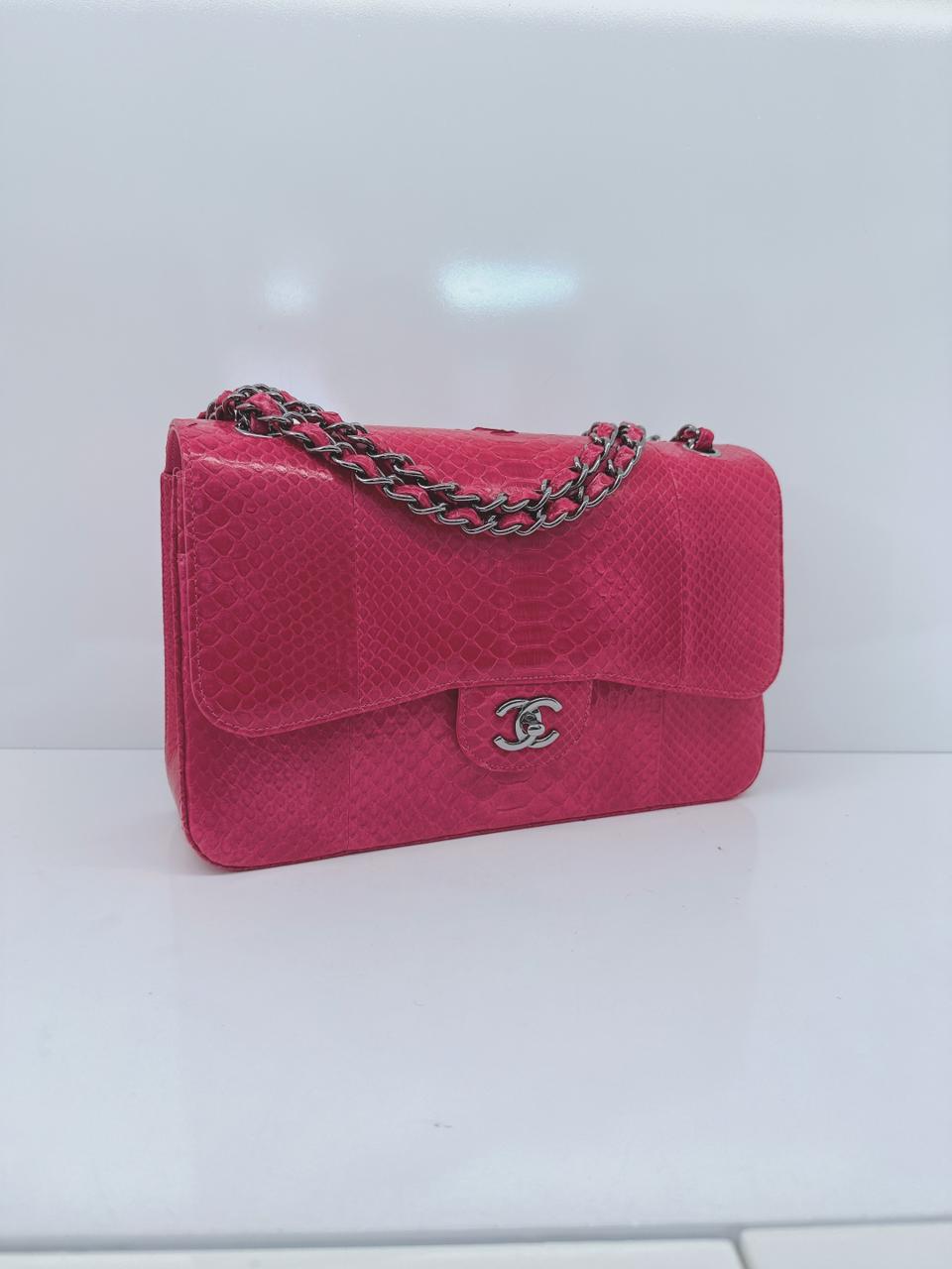 PINK PYTHON LEATHER LARGE JUMBO CLASSIC DOUBLE FLAP BAG