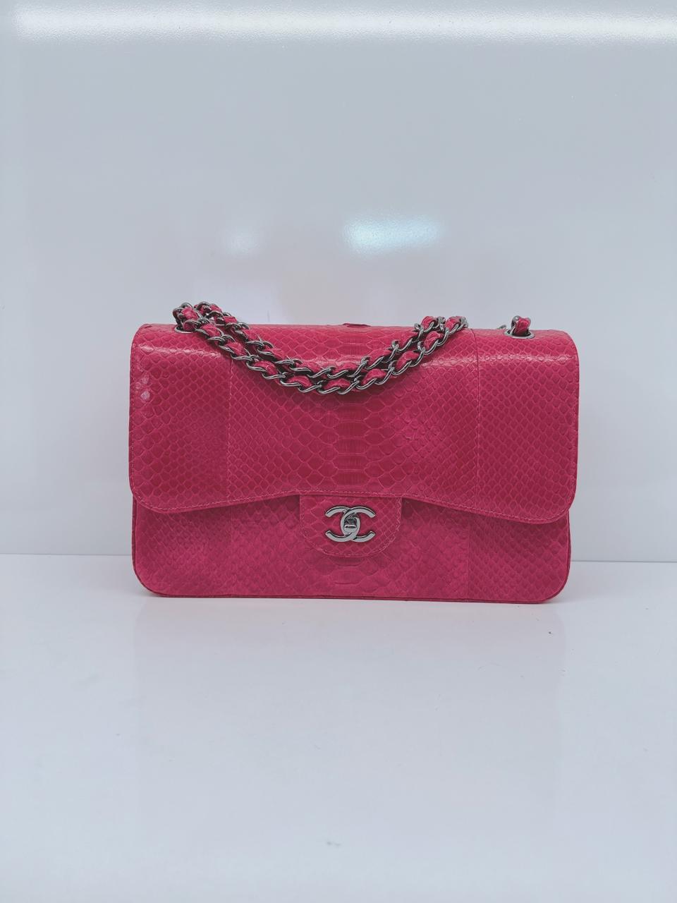 PINK PYTHON LEATHER LARGE JUMBO CLASSIC DOUBLE FLAP BAG
