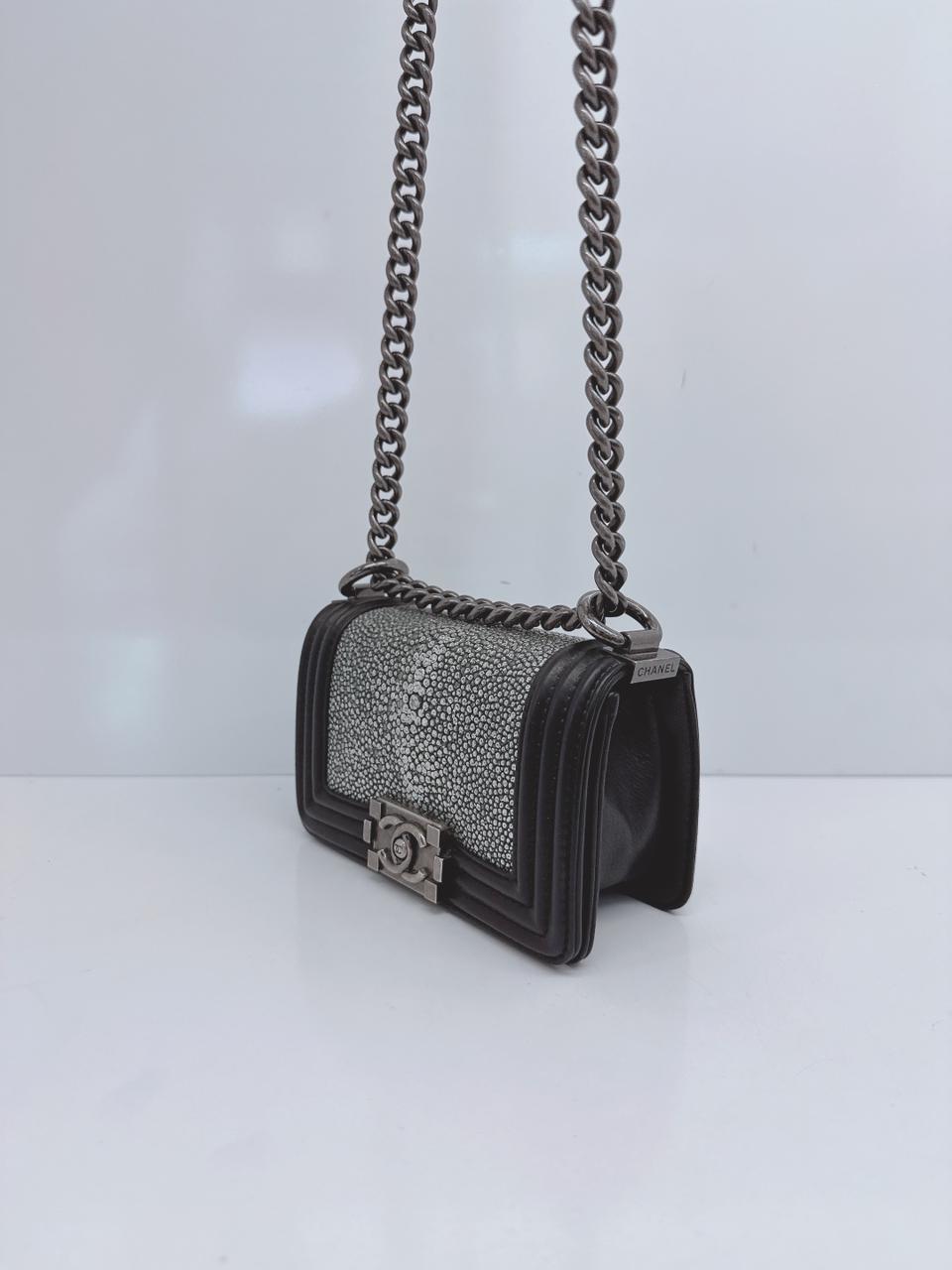 GREY STINGRAY AND BLACK LEATHER MINI BOY FLAP BAG