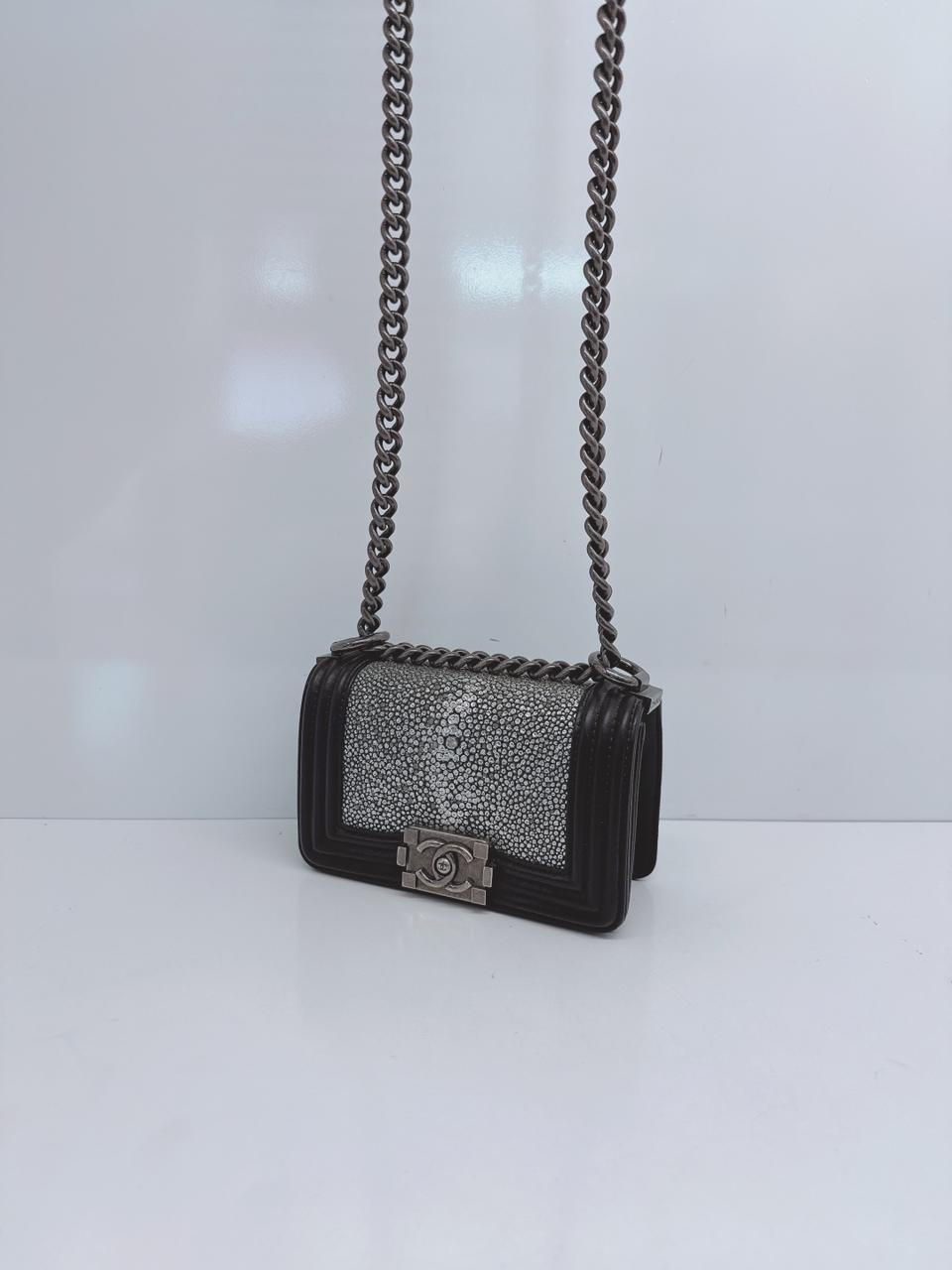 GREY STINGRAY AND BLACK LEATHER MINI BOY FLAP BAG