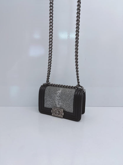 GREY STINGRAY AND BLACK LEATHER MINI BOY FLAP BAG