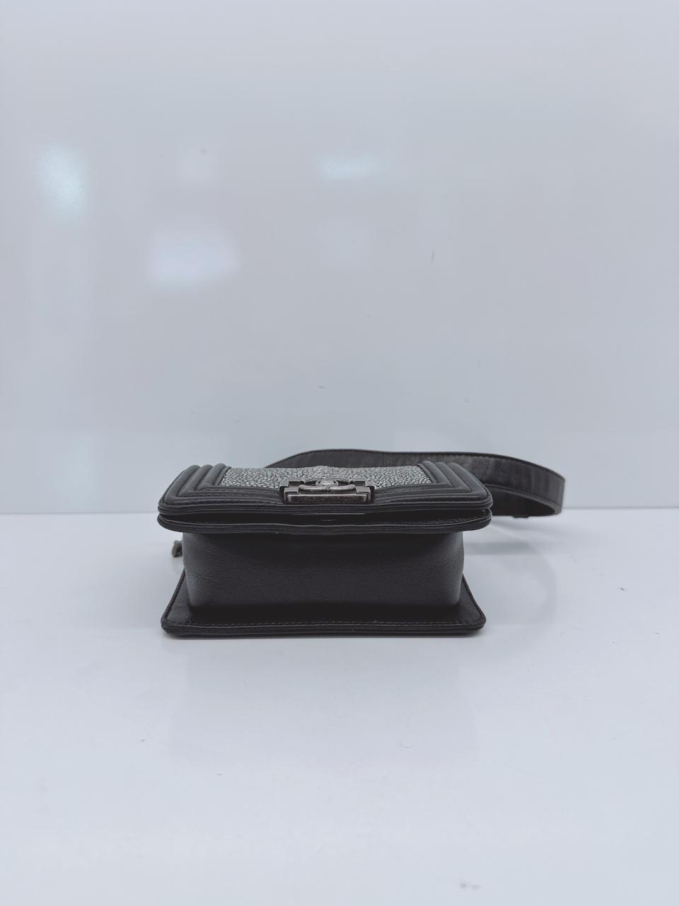 GREY STINGRAY AND BLACK LEATHER MINI BOY FLAP BAG