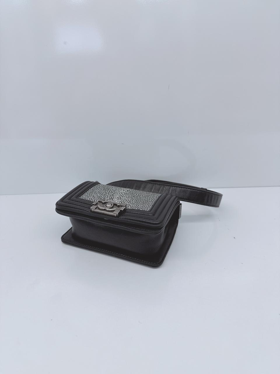 GREY STINGRAY AND BLACK LEATHER MINI BOY FLAP BAG