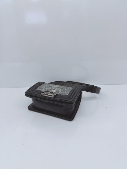 GREY STINGRAY AND BLACK LEATHER MINI BOY FLAP BAG