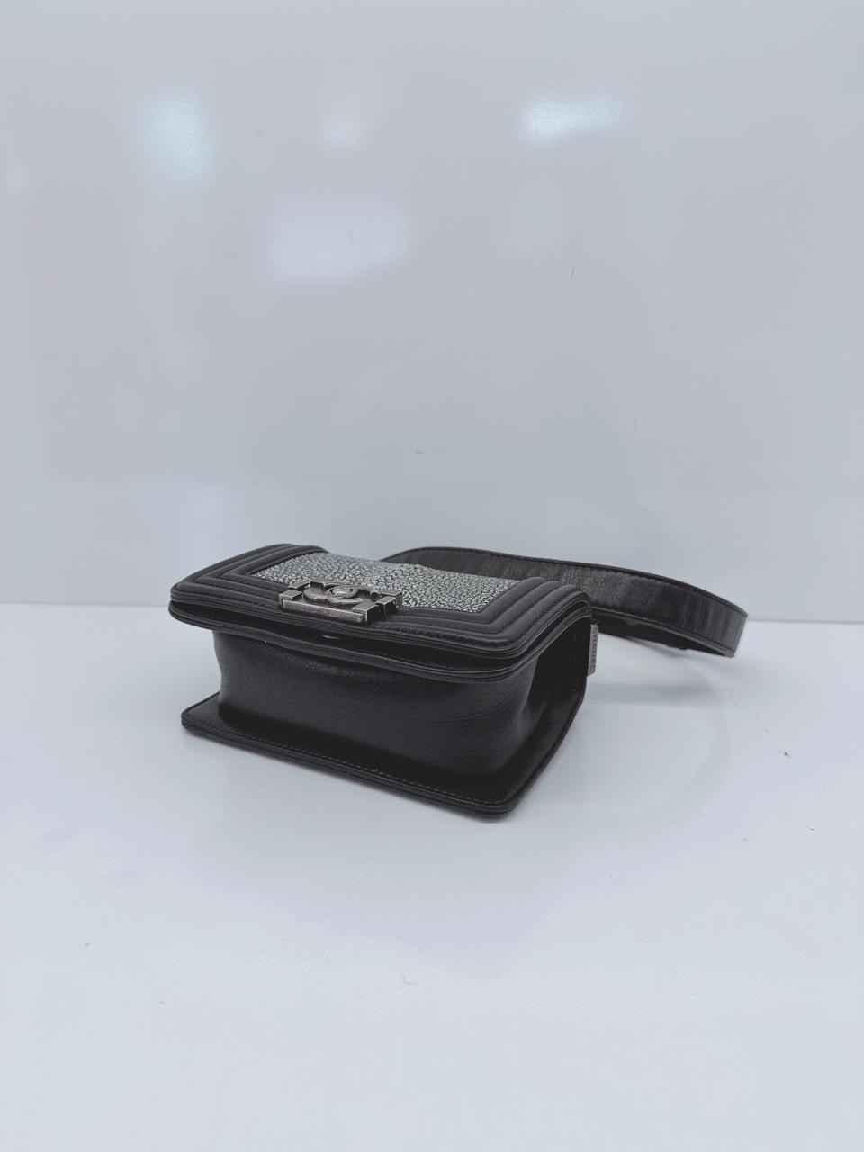 GREY STINGRAY AND BLACK LEATHER MINI BOY FLAP BAG