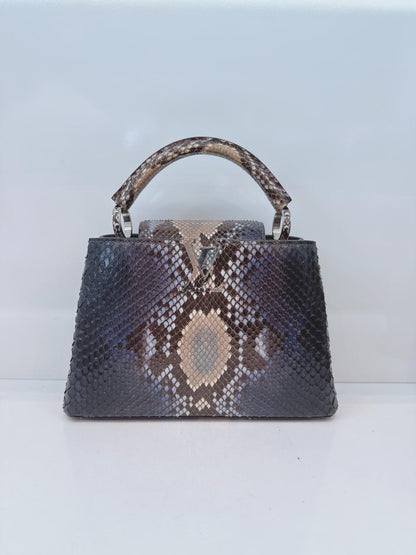 NAVY BLUE AND BEIGE PYTHON LEATHER CAPUCINES BB HANDBAG