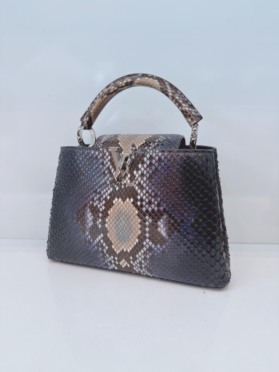 NAVY BLUE AND BEIGE PYTHON LEATHER CAPUCINES BB HANDBAG