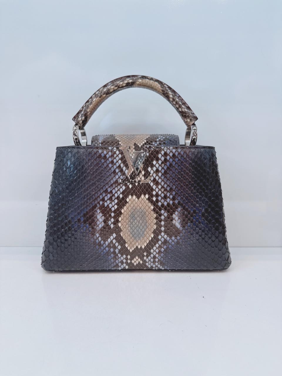 NAVY BLUE AND BEIGE PYTHON LEATHER CAPUCINES BB HANDBAG