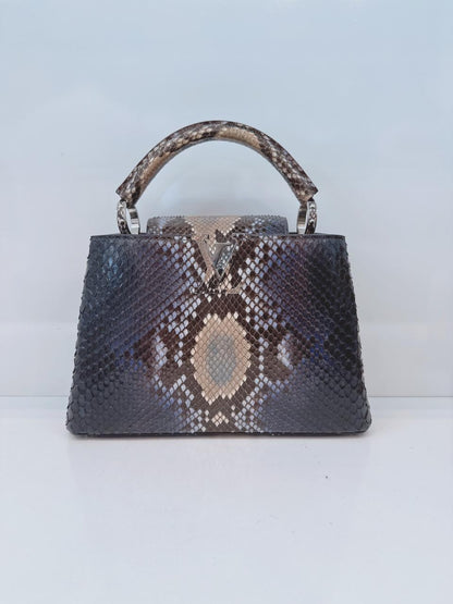 NAVY BLUE AND BEIGE PYTHON LEATHER CAPUCINES BB HANDBAG