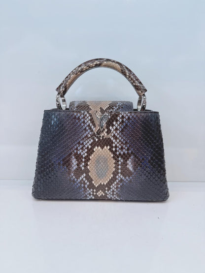 NAVY BLUE AND BEIGE PYTHON LEATHER CAPUCINES BB HANDBAG