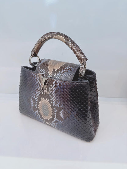 NAVY BLUE AND BEIGE PYTHON LEATHER CAPUCINES BB HANDBAG