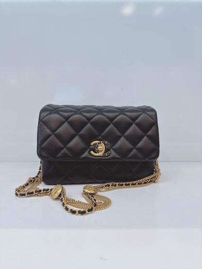 BLACK LAMBSKIN LEATHER MINI MEDALLION MULTI CHAIN FLAP BAG