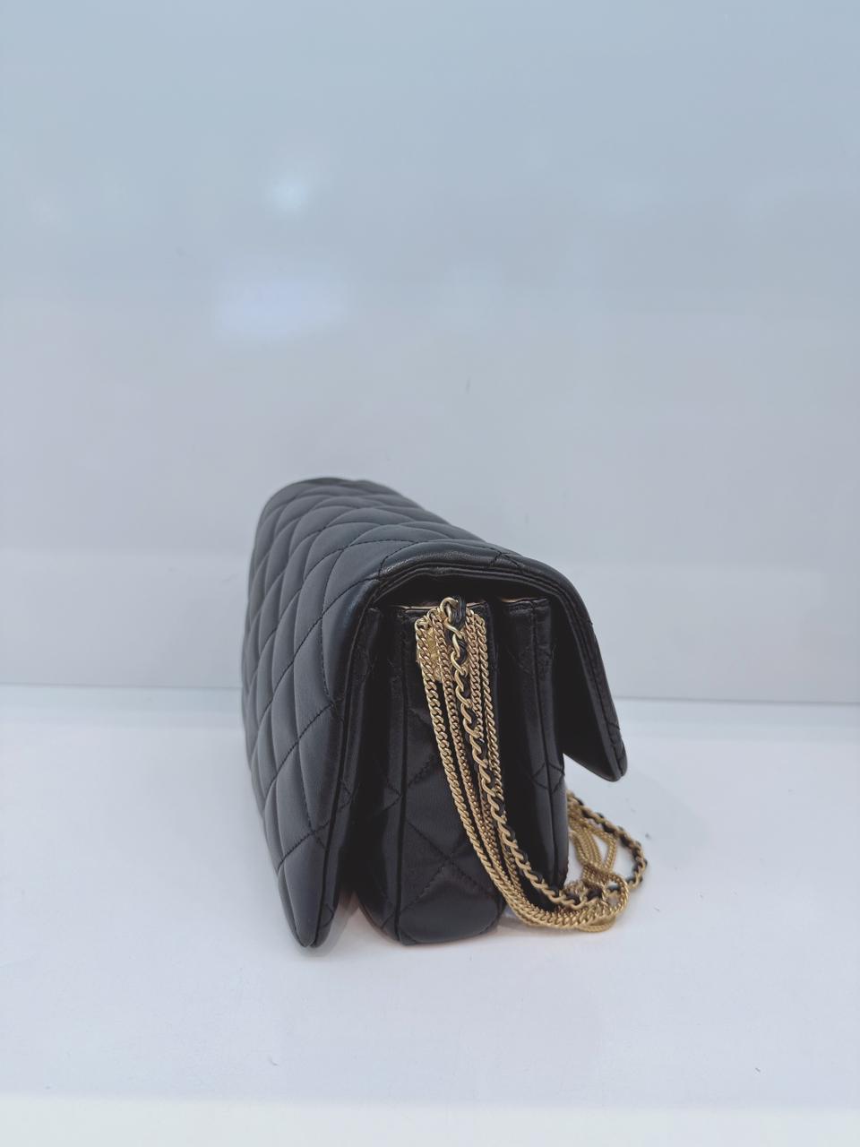 BLACK LAMBSKIN LEATHER MINI MEDALLION MULTI CHAIN FLAP BAG