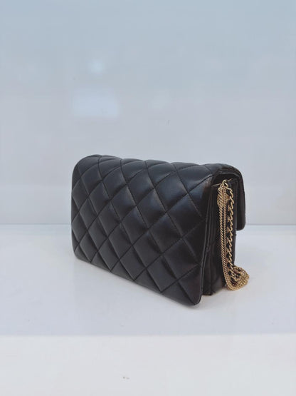 BLACK LAMBSKIN LEATHER MINI MEDALLION MULTI CHAIN FLAP BAG