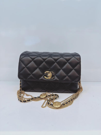 BLACK LAMBSKIN LEATHER MINI MEDALLION MULTI CHAIN FLAP BAG