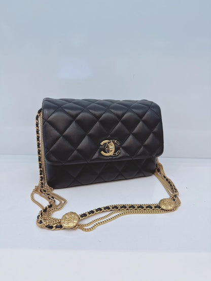 BLACK LAMBSKIN LEATHER MINI MEDALLION MULTI CHAIN FLAP BAG