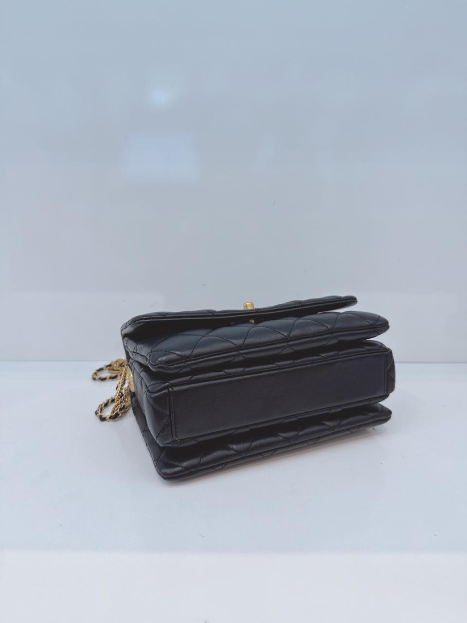 BLACK LAMBSKIN LEATHER MINI MEDALLION MULTI CHAIN FLAP BAG