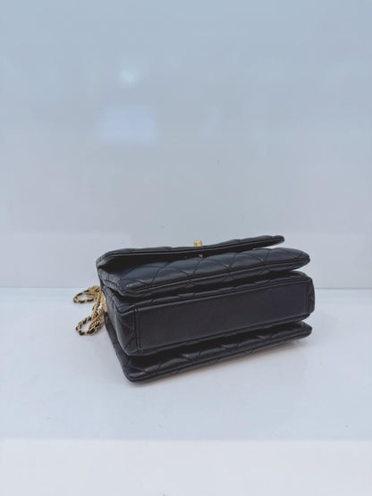 BLACK LAMBSKIN LEATHER MINI MEDALLION MULTI CHAIN FLAP BAG