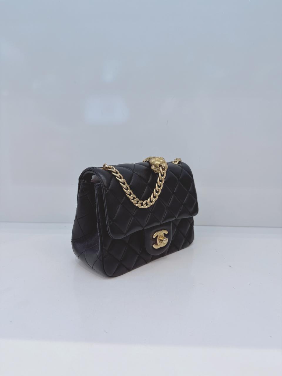 BLACK LAMBSKIN LEATHER SWEET CAMELLIA ADJUSTABLE CHAIN SQUARE MINI FLAP BAG