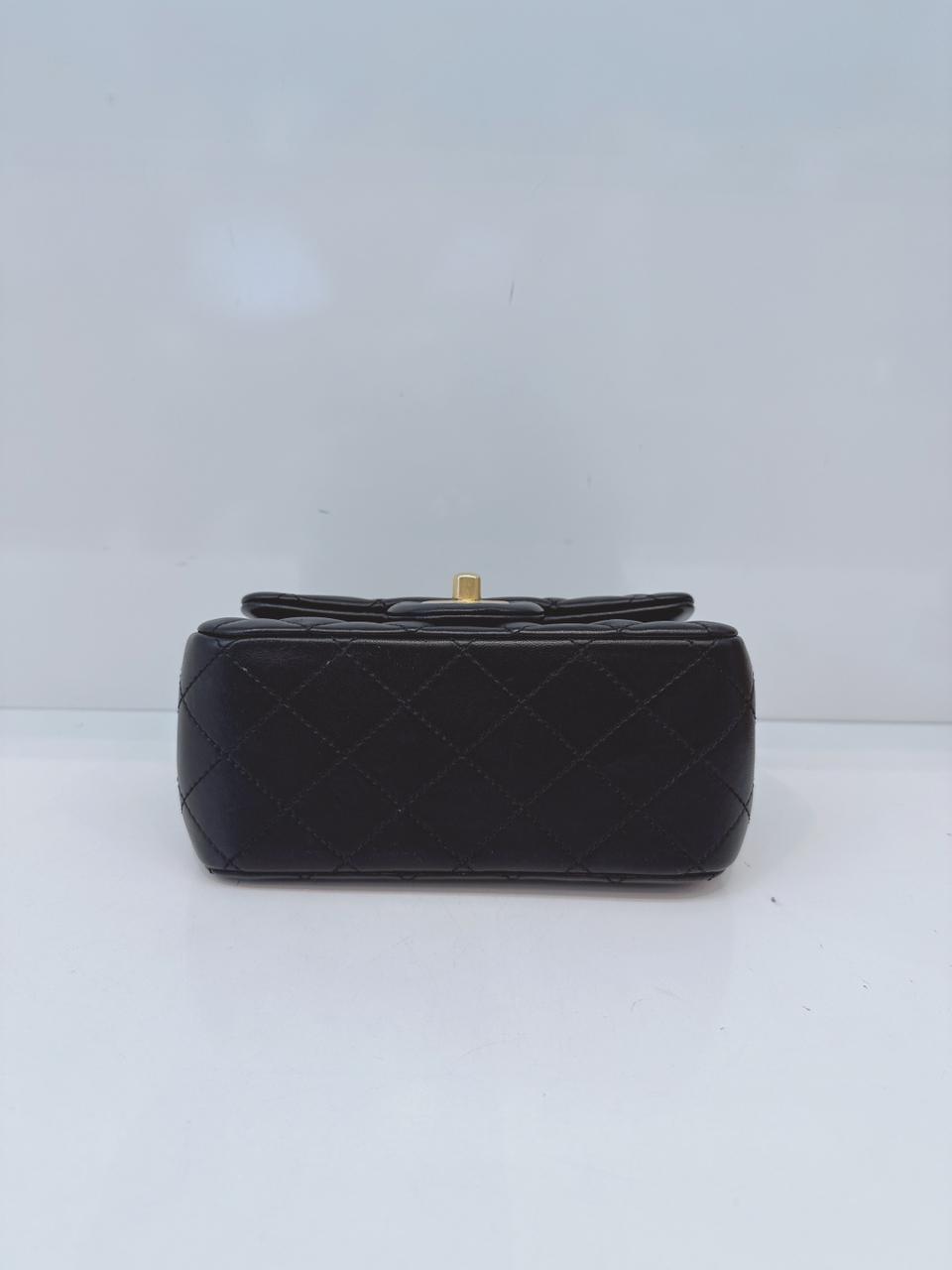 BLACK LAMBSKIN LEATHER SWEET CAMELLIA ADJUSTABLE CHAIN SQUARE MINI FLAP BAG