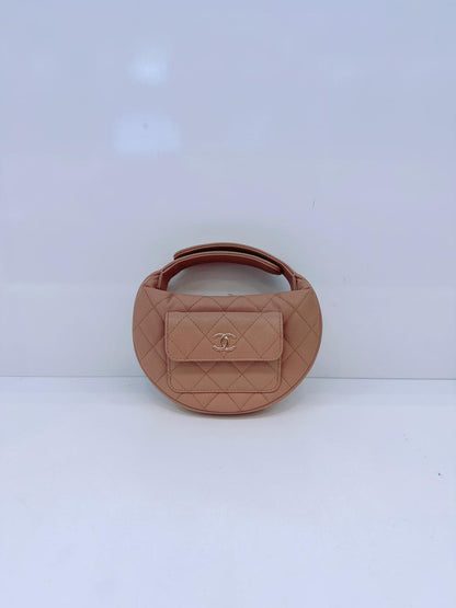 DARK BEIGE CAVIAR  LEATHER MINI ROUND HOBO