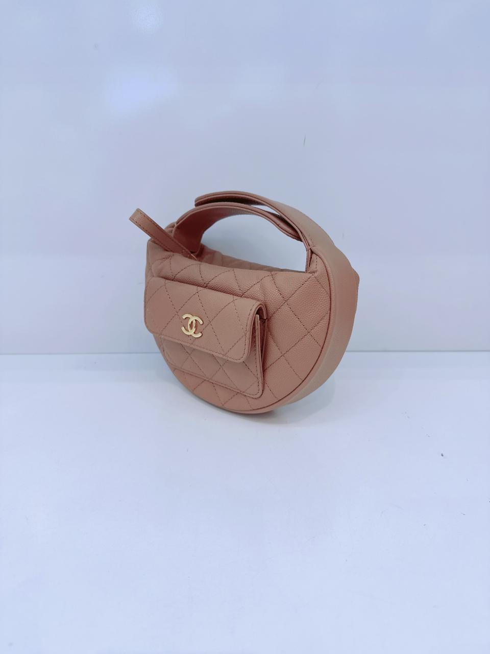 DARK BEIGE CAVIAR  LEATHER MINI ROUND HOBO
