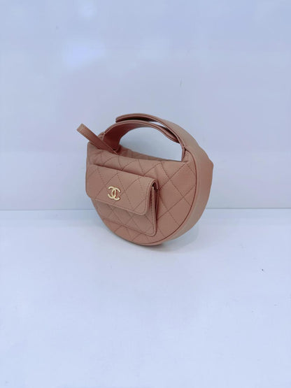 DARK BEIGE CAVIAR  LEATHER MINI ROUND HOBO