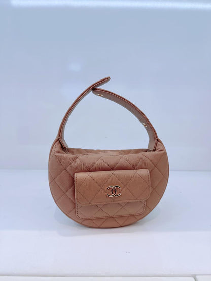 DARK BEIGE CAVIAR  LEATHER MINI ROUND HOBO