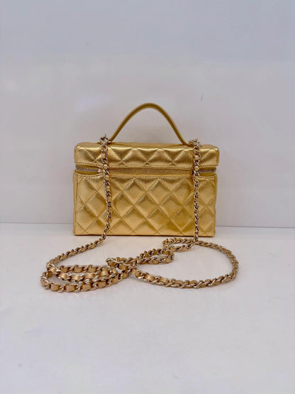 GOLD METALLIC GRAINED SHINY CALFSKIN AND GOLD TONE METAL CLASSIC VANITY WITH CHAIN