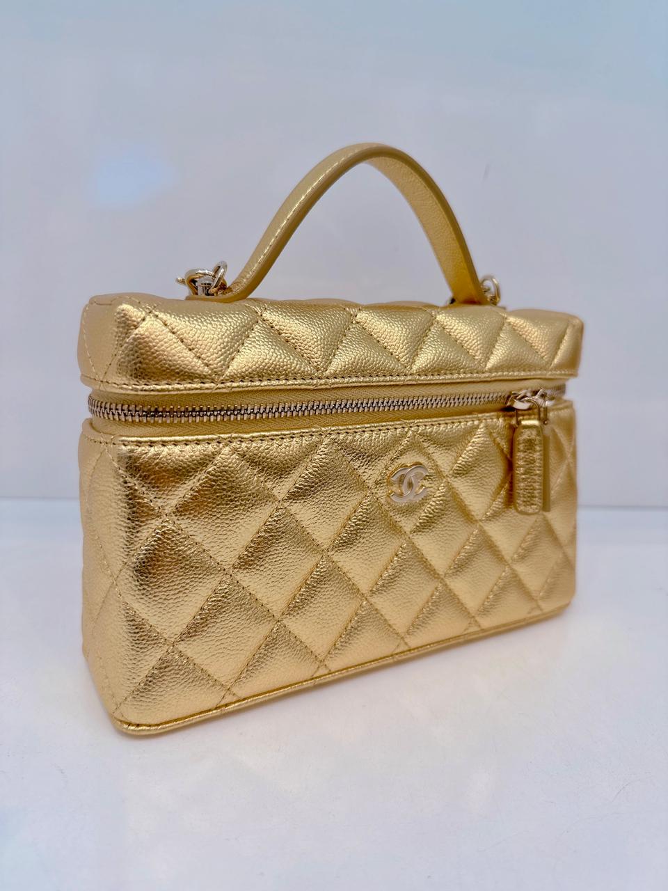 GOLD METALLIC GRAINED SHINY CALFSKIN AND GOLD TONE METAL CLASSIC VANITY WITH CHAIN