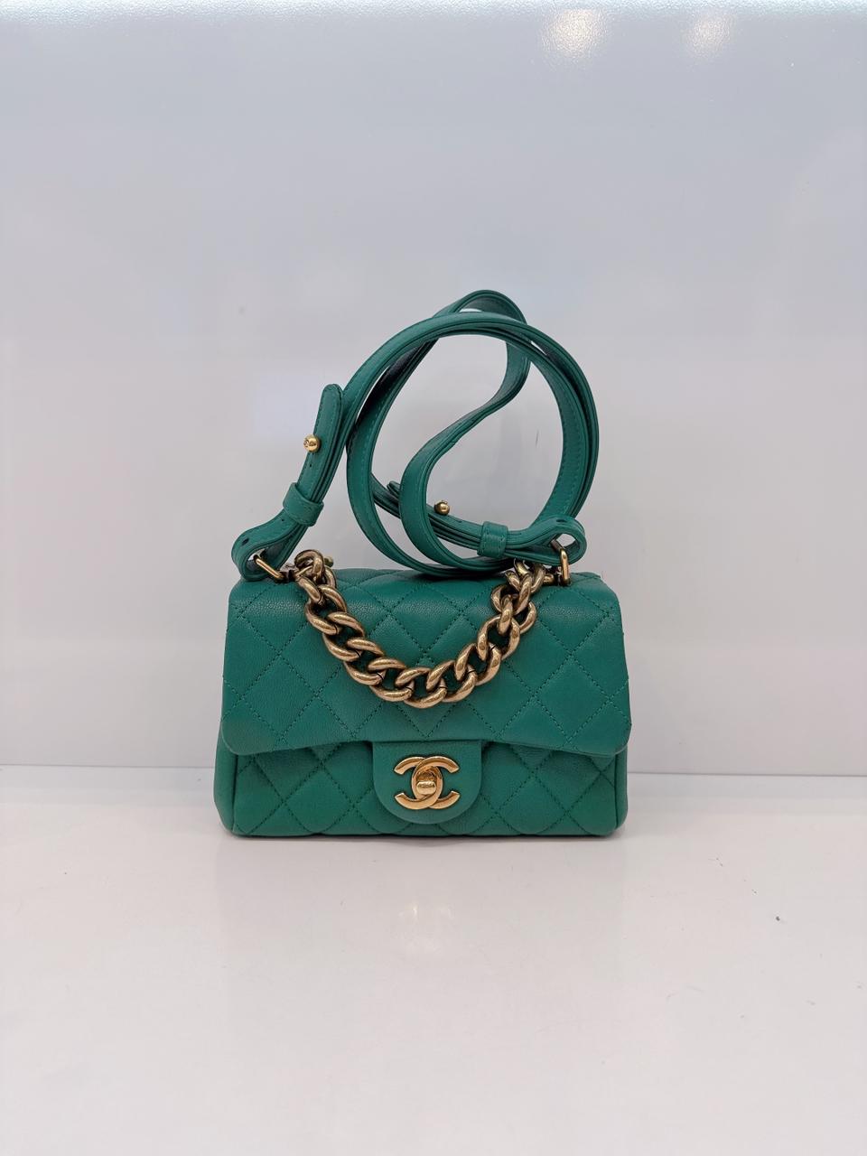 GREEN GOATSKIN TRAPEZIO TOP HANDLE MINI FLAP BAG AGED GOLD HARDWARE