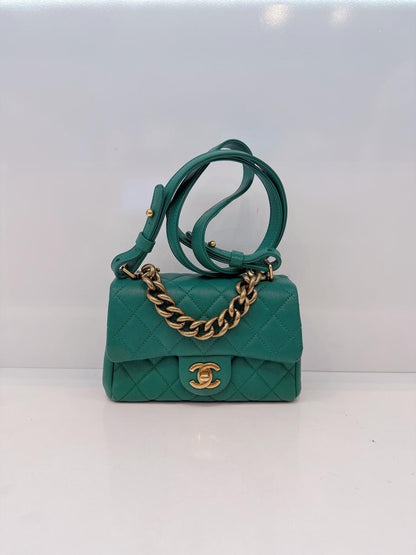 GREEN GOATSKIN TRAPEZIO TOP HANDLE MINI FLAP BAG AGED GOLD HARDWARE