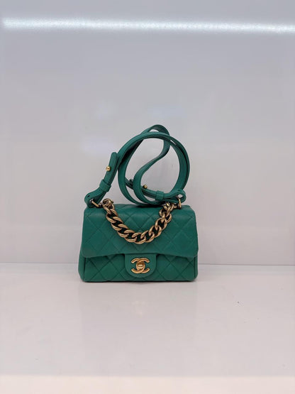 GREEN GOATSKIN TRAPEZIO TOP HANDLE MINI FLAP BAG AGED GOLD HARDWARE