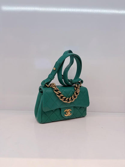 GREEN GOATSKIN TRAPEZIO TOP HANDLE MINI FLAP BAG AGED GOLD HARDWARE
