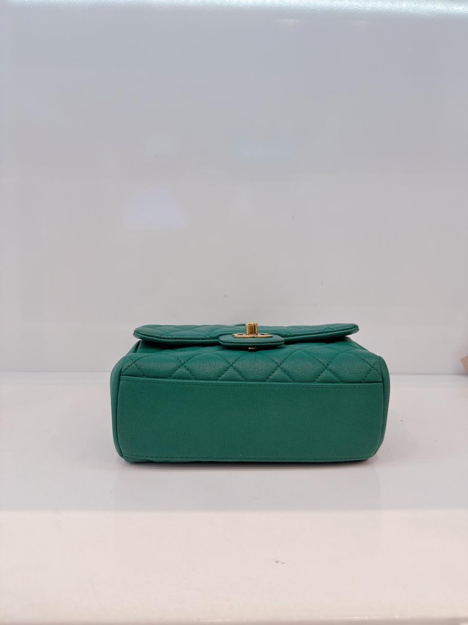 GREEN GOATSKIN TRAPEZIO TOP HANDLE MINI FLAP BAG AGED GOLD HARDWARE