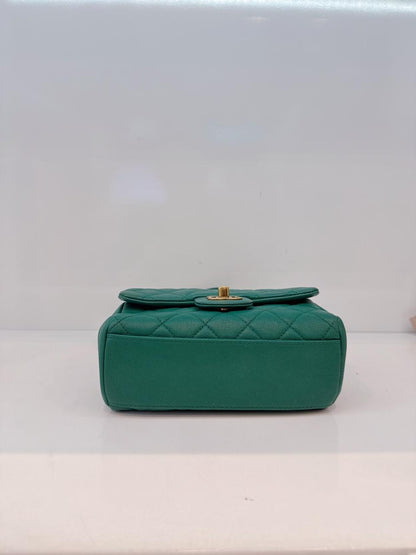 GREEN GOATSKIN TRAPEZIO TOP HANDLE MINI FLAP BAG AGED GOLD HARDWARE