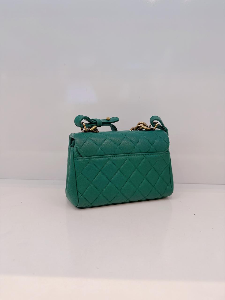 GREEN GOATSKIN TRAPEZIO TOP HANDLE MINI FLAP BAG AGED GOLD HARDWARE