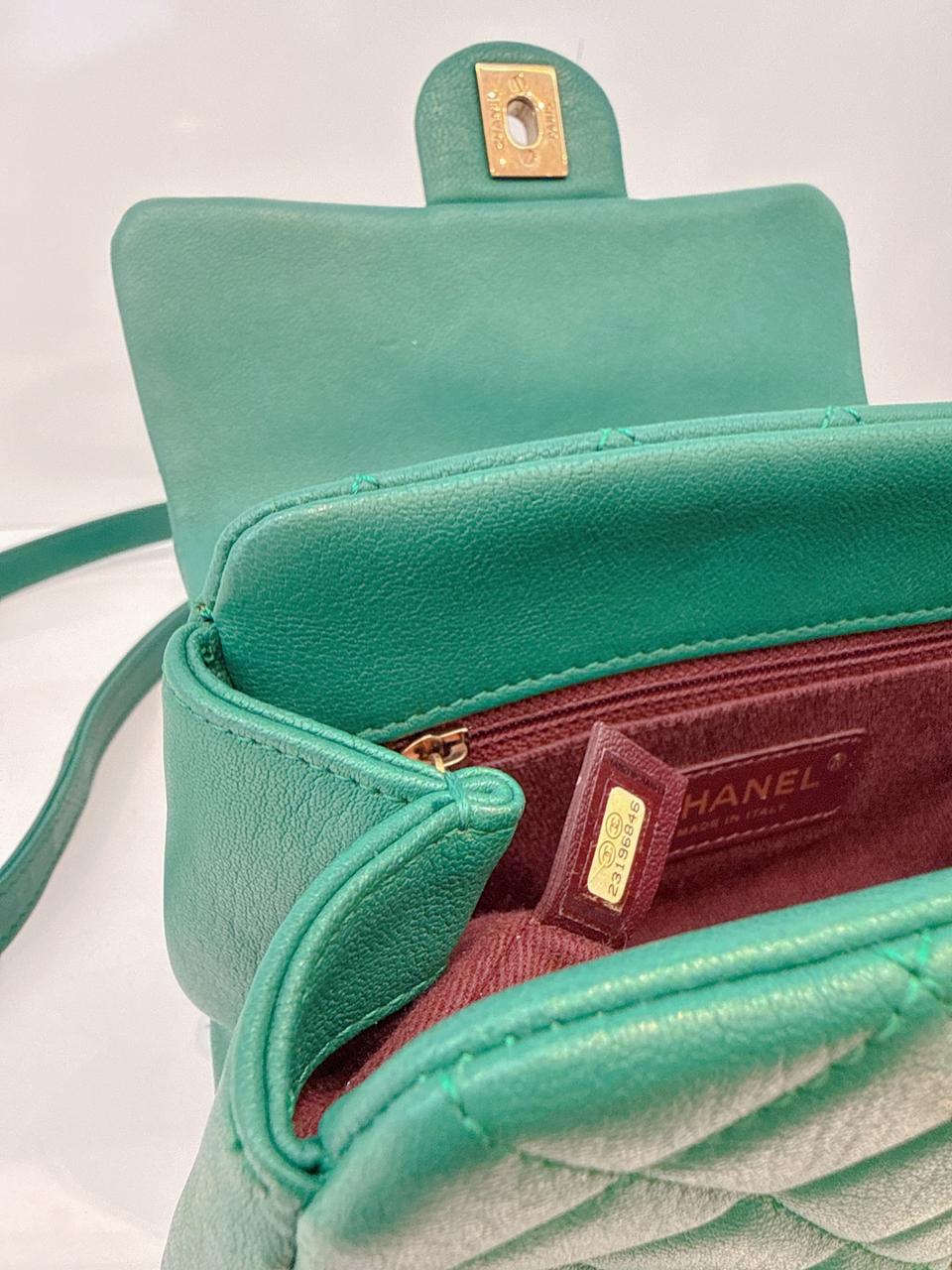 GREEN GOATSKIN TRAPEZIO TOP HANDLE MINI FLAP BAG AGED GOLD HARDWARE